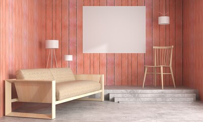 The living room consists of a sofa chair and a picture frame on the wall.