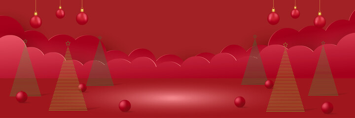 Merry Christmas banner with area show product on red wall background. Happy new year to advertising promotion for christmas