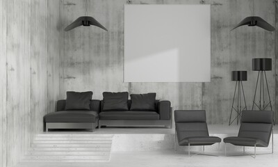 The living room consists of a sofa chair and a picture frame on the wall.