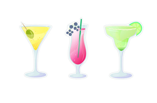 stickers of tasty summer cocktails with fruits