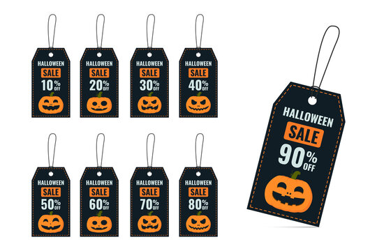 Set of labels or halloween tags with pumpkin and signs on sale. cardboard sale labels. Vector illustration. Happy Halloween