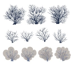 A set of bare trees. Crown with branches. Bushes covered with snow close-up. Flat cartoon style. Winter season. Isolated. Vector art.