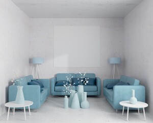 The living room consists of a sofa chair and a picture frame on the wall.