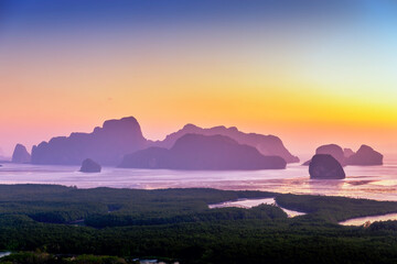 Sunrise at Samet nangshe viewpoint the new unseen tourism, Phang nga bay national park, Thailand, South East Asia