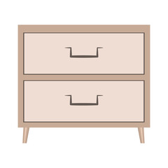 Nightstand with drawers. Wooden bedside table in flat design for bedroom interior. Wooden brown furniture. Square wardrobe with drawers. Flat isolated illustration on white background