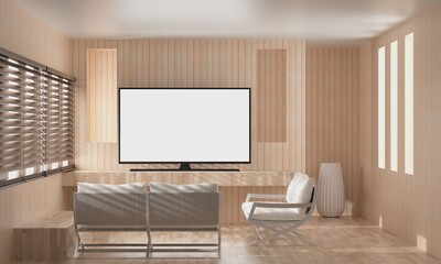 The living room consists of a sofa chair and a picture frame on the wall.