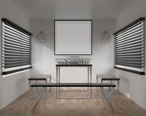 The working room consists of a workbench and a picture frame on the wall.