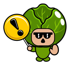 vector cartoon character of cabbage vegetable mascot costume holding a warning sign