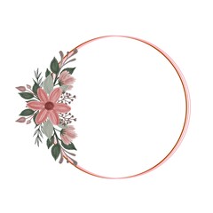 circle frame with red and pink flower bouquet for wedding invitation