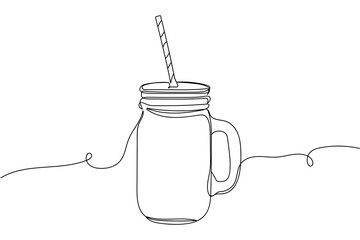 Continuous one line of jar of fresh cocktail in silhouette on a white background. Linear stylized.Minimalist.