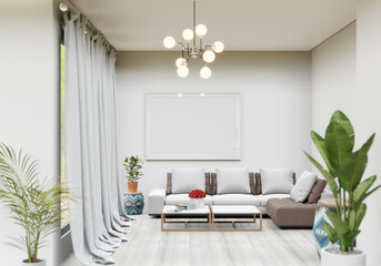 3D living room and sofa with blank photo frame