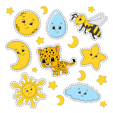 Set of stickers with cute cartoon characters. Cute clipart. Hand drawn. Colorful pack. Vector illustration. Patch badges collection. Label design elements. For daily planner, diary, organizer.