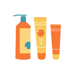 Sunscreen products in different bottles. Sunblock lotion, oil, gel, moisturizer, spray. UV protection, skin care with SPF. Vector flat cartoon illustration