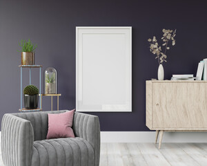 3D living room and sofa with blank photo frame