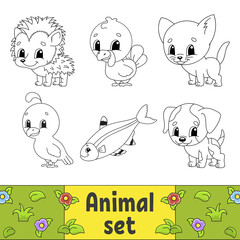 Coloring book for kids. Animal clipart. Cheerful characters. Vector illustration. Cute cartoon style. Black contour silhouette. Isolated on white background.
