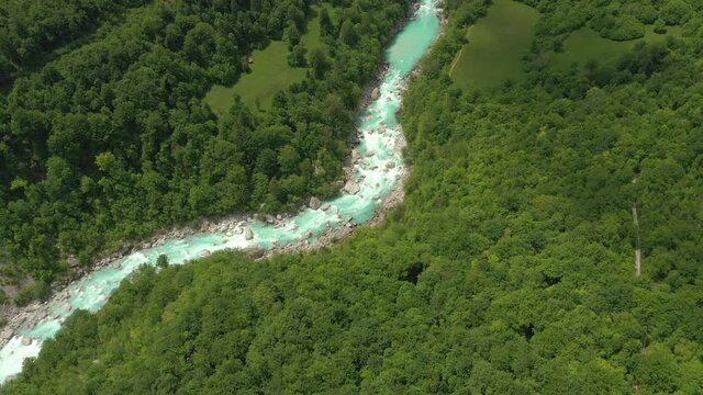 Aerial &ndash; Beautiful winding Soča river, full of rocks and river rapids