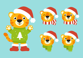 Tiger symbol in a winter hat. Cartoon character. Colorful vector illustration. Happy New Year and Merry Christmas. Isolated on color background. Design element.
