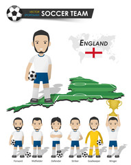 England national soccer cup team . Football player with sports jersey stand on perspective field country map and world map . Set of footballer positions . Cartoon character flat design . Vector .