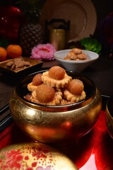 Chinese new year festival freshly baked assorted cookies group set with pineapple , almond, chocolate , walnut, peanut and spicy shrimp roll