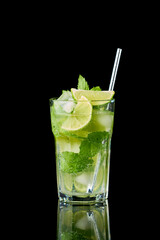 Glass of Fresh Mojito Cocktail - studio shot on black background