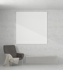 3D living room and sofa with blank photo frame