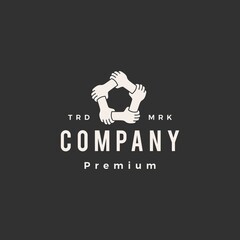 five hand holding each other hipster vintage logo vector icon illustration
