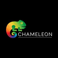 Logo multicolored chameleon. Icon, sign, trademark with a bright reptile and the word chameleon on a black background. Green, yellow, blue, red, orange colors. Vector illustration.