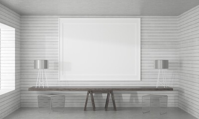 3D living room and chair with blank photo frame