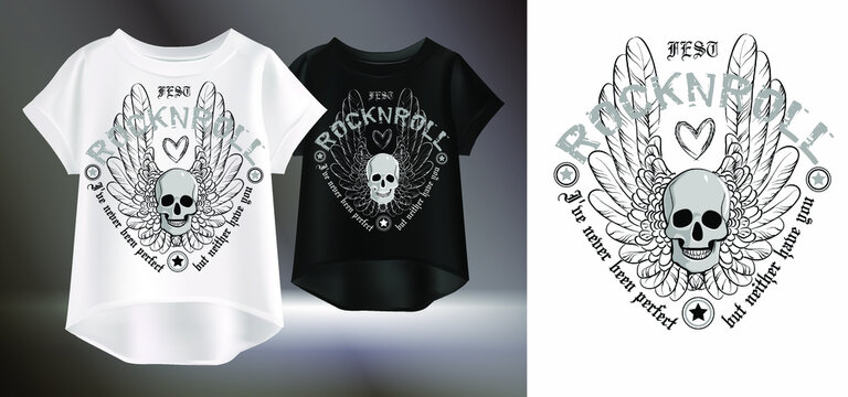 Vector illustration of a t-shirt with text and the image of a skull with wings. Isolated image of clothing with original design.