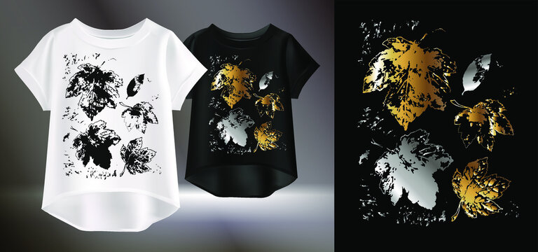 Realistic vector illustration of womens t-shirt with gold and silver leaves. Isolated image of clothing with original design.