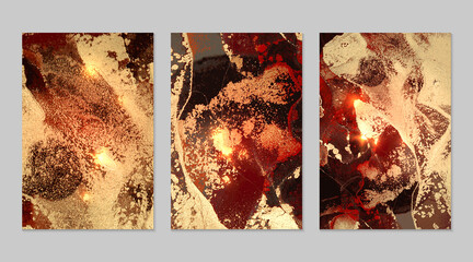 Marble set of gold, red and black backgrounds with texture. Geode pattern with glitter. Abstract vector backdrops in fluid art alcohol ink technique. Modern paint with sparkles for banner, poster