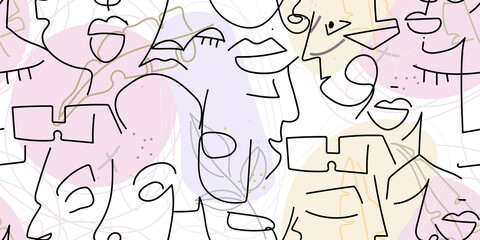 One line drawing. Abstract face seamless pattern.