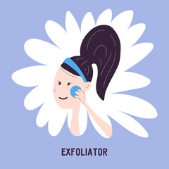 Woman doing peeling with pads icon isolated on background. Vector illustration about exfoliating cosmetics in cartoon hand drawn style. Korean facial skin care