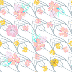 Pink Flowers Blooming Pattern. Pastel Watercolor.