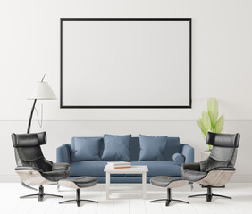 3D living room and sofa with blank photo frame