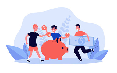 Children putting coins and banknotes into piggybank. Cartoon boys saving money in moneybox flat vector illustration. Finances, economy, education concept for banner, website design or landing page