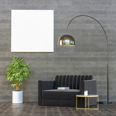 3D living room and sofa with blank photo frame