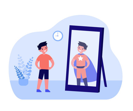 Smiling boy looking in mirror and seeing superhero. Kid standing in front of mirror, child in superhero costume flat vector illustration. Childhood, imagination concept for banner, website design