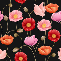 seamless pattern on black background with poppy flowers