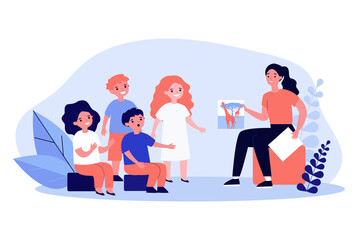 Young female teacher showing kids picture of giraffes. Woman teaching children, telling about animals flat vector illustration. Education, kindergarten, animals concept for banner, website design