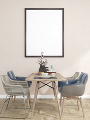 3D dining room with blank photo frame