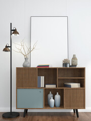 3D living room and furniture with blank photo frame