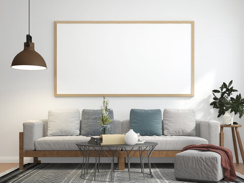 3D living room and sofa with blank photo frame