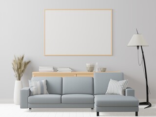 3D living room and sofa with blank photo frame