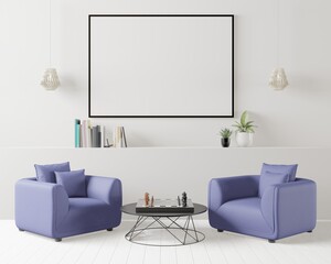 3D living room and sofa with blank photo frame