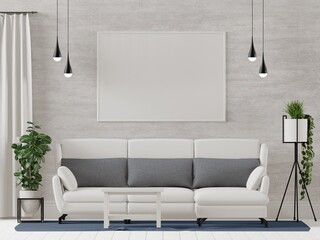 3D living room and sofa with blank photo frame