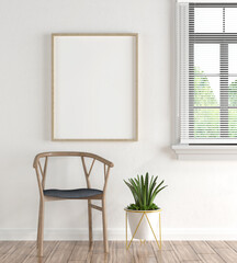 3D living room and chair with blank photo frame