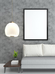 3D living room and sofa with blank photo frame