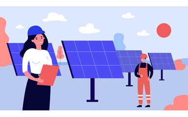 Electricians installing solar panels in field. Professional cartoon technicians setting up renewable energy sources flat vector illustration. Alternative energy concept for banner, website design