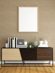 3D living room and furniture with blank photo frame